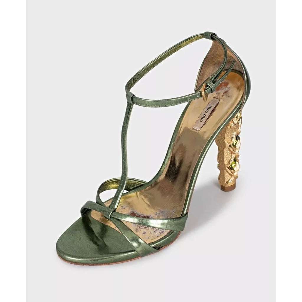 Miu Miu Block Heel Sandals Green Leather Very good condition - Inside View