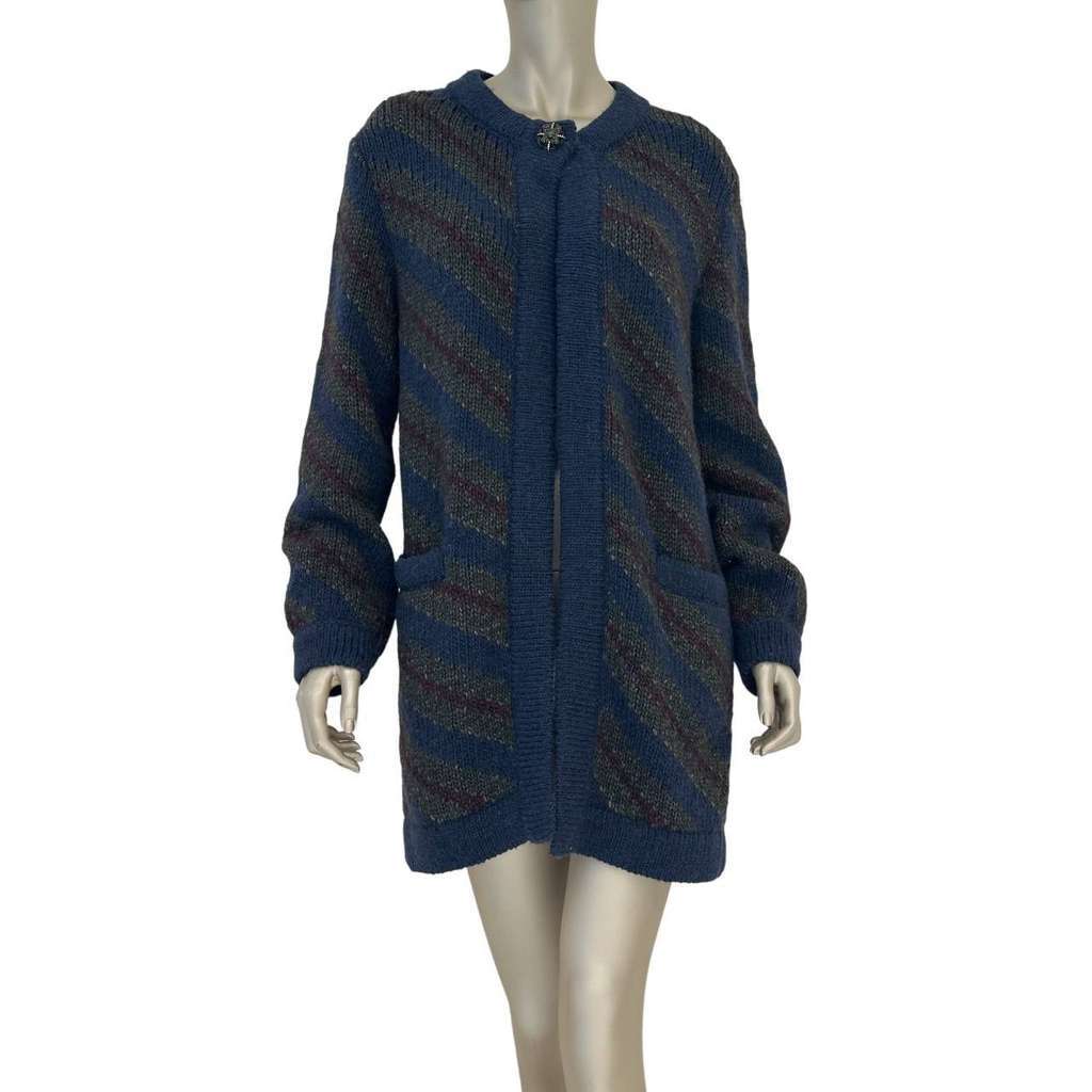 Chanel Alpaca Striped Chunky Cardigan Navy Wool Very good condition - Front View