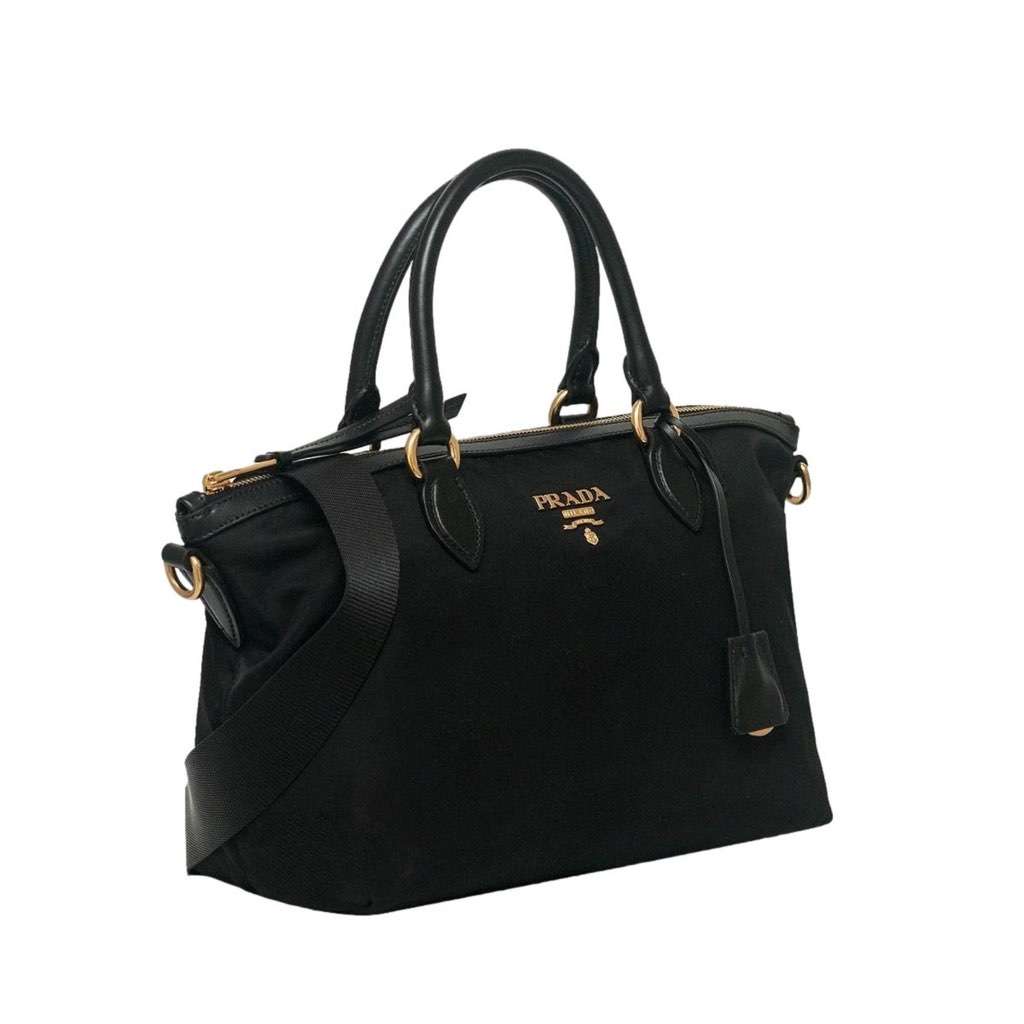 Prada Prada Tessuto Nylon Black Leather Clochette Crossbody Tote Bag Black Never worn, with tag - Model View