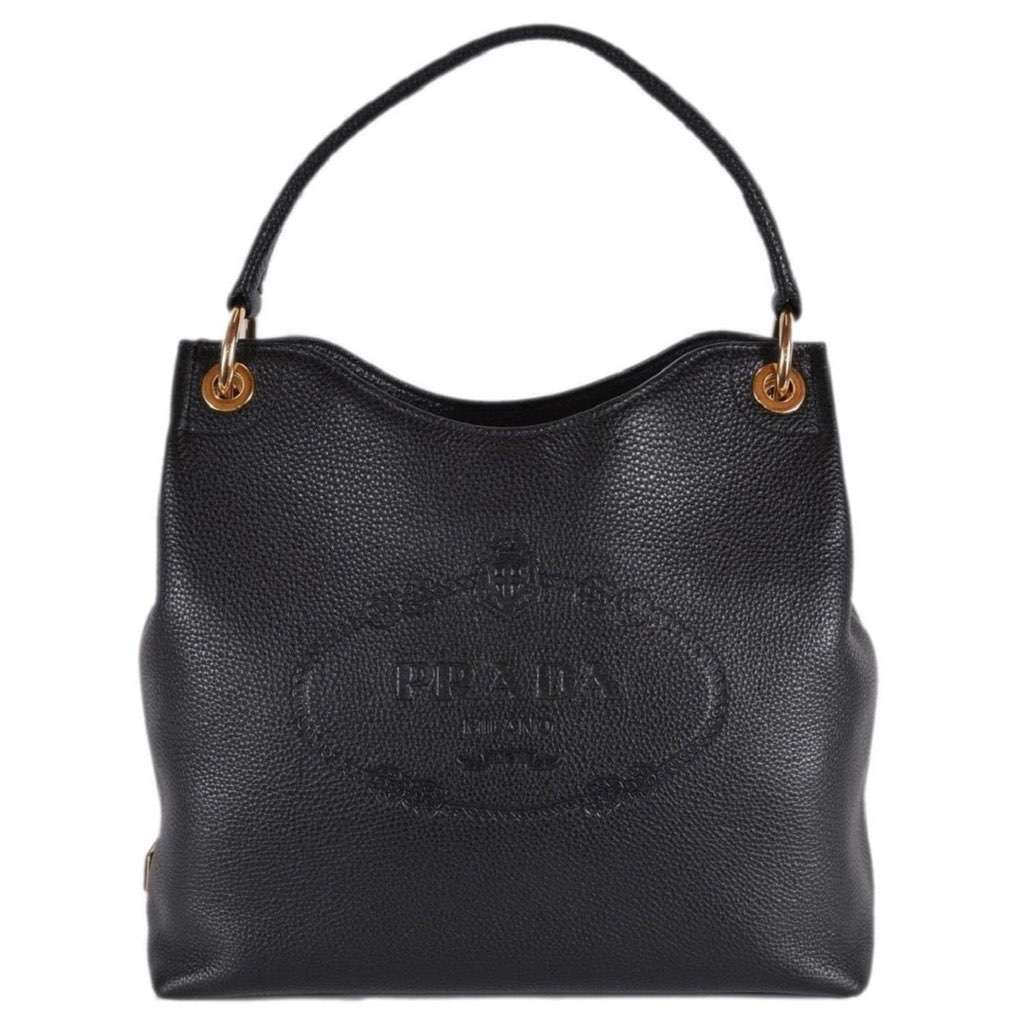 Prada Prada Vitello Phenix Black Leather Embossed Logo Hobo Tote Bag Black Leather Never worn, with tag - Front View