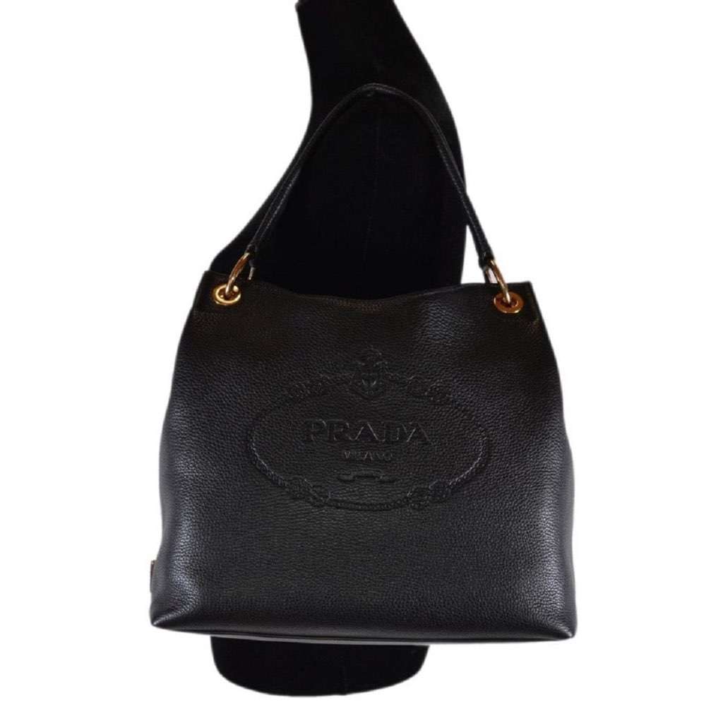 Prada Prada Vitello Phenix Black Leather Embossed Logo Hobo Tote Bag Black Leather Never worn, with tag - Model View
