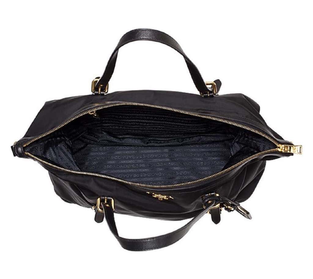 Prada Prada Tessuto Nylon Saffiano Leather Black Top Zip Tote Bag Black Never worn, with tag - Model View