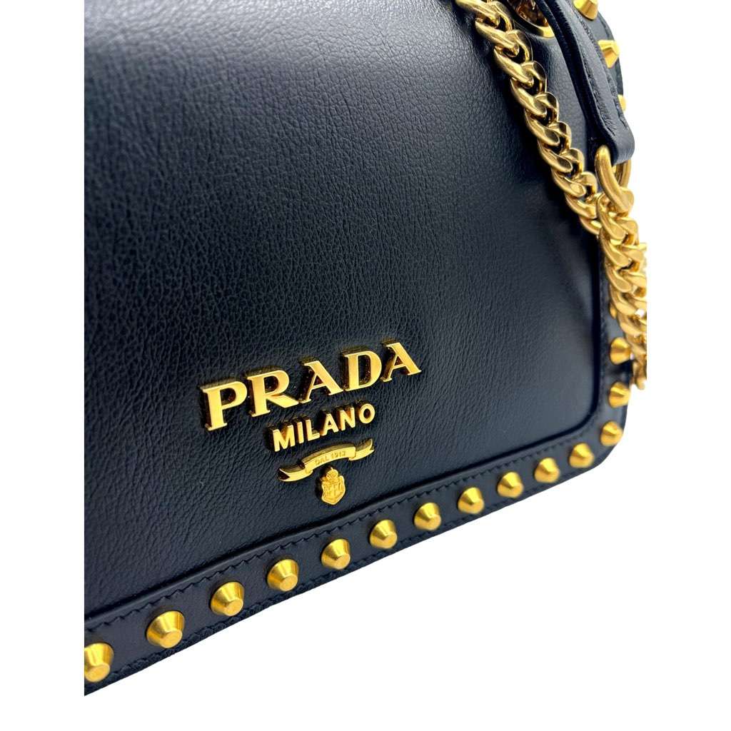 Prada Prada Pattina Black Calf Leather Studded Flap Chain Crossbody Bag Black Leather Never worn, with tag - Box View