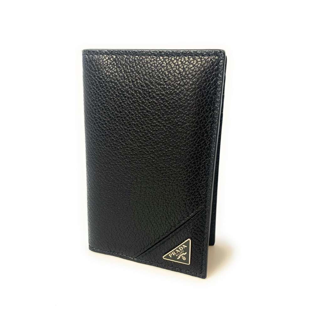 Prada Prada Vitello Grain Black Leather Triangle Logo Vertical Bifold Wallet Black Leather Never worn, with tag - Front View