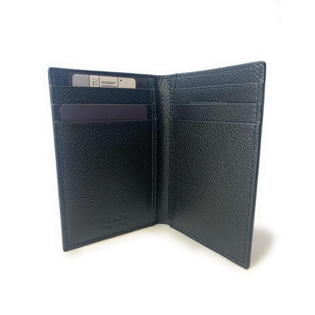 Prada Prada Vitello Grain Black Leather Triangle Logo Vertical Bifold Wallet Black Leather Never worn, with tag - Model View