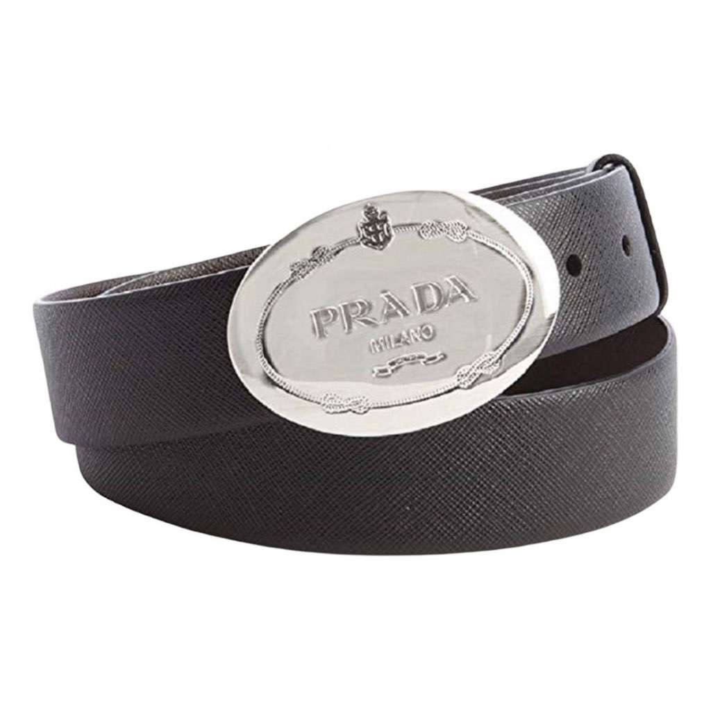 Prada Prada Black Saffiano Leather Engraved Oval Plaque Buckle Belt 110/44 Black Leather Never worn, with tag - Front View