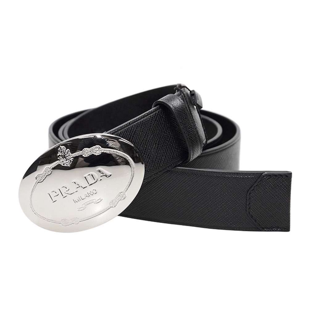 Prada Prada Black Saffiano Leather Engraved Oval Plaque Buckle Belt 110/44 Black Leather Never worn, with tag - Back View