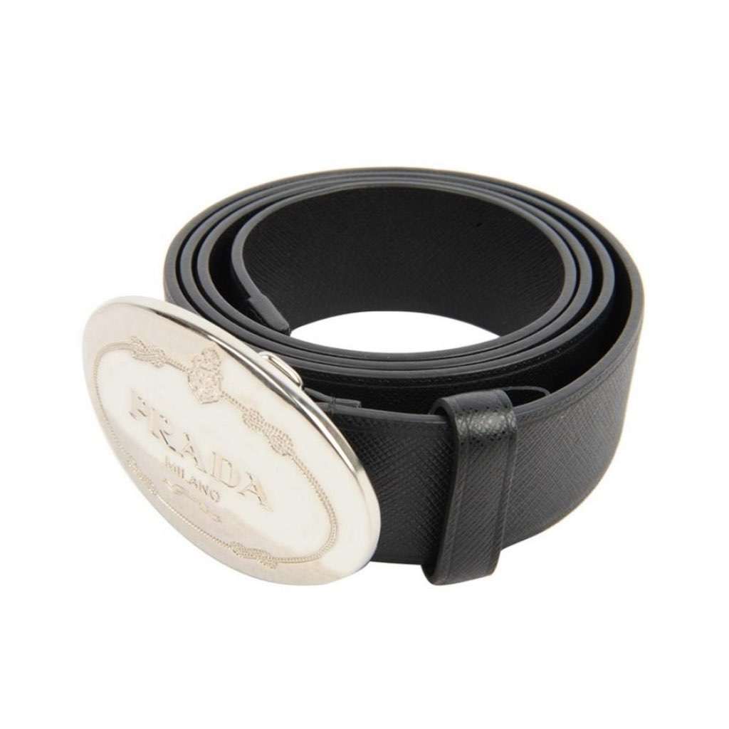 Prada Prada Black Saffiano Leather Engraved Oval Plaque Buckle Belt 110/44 Black Leather Never worn, with tag - Box View