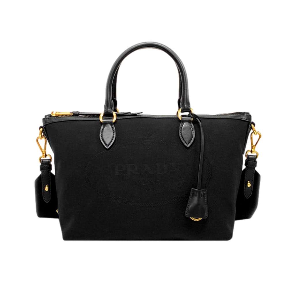 Prada Prada Black Canvas Jacquard Logo Leather Trim Small Satchel Black Canvas Never worn, with tag - Front View