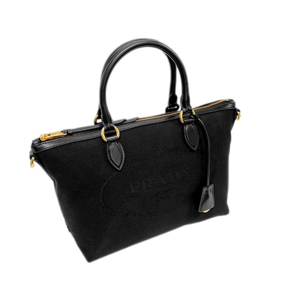 Prada Prada Black Canvas Jacquard Logo Leather Trim Small Satchel Black Canvas Never worn, with tag - Back View