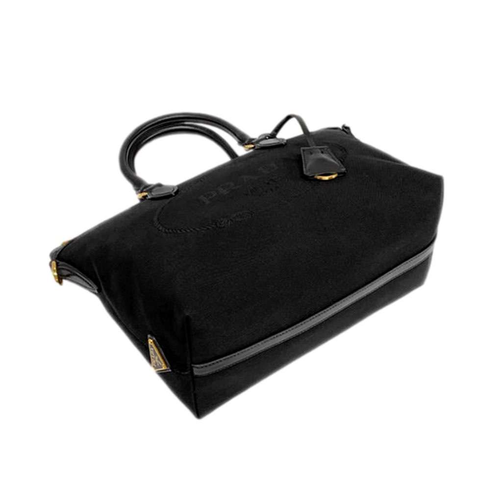 Prada Prada Black Canvas Jacquard Logo Leather Trim Small Satchel Black Canvas Never worn, with tag - Model View