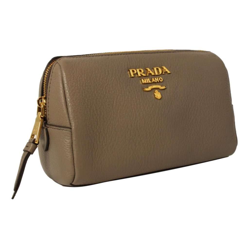 Prada Prada Vitello Daino Argilla Grey Leather Cosmetic Pouch Other Leather Never worn, with tag - Back View
