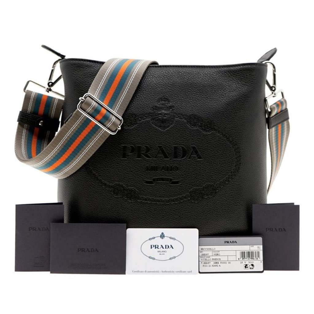 Prada Prada Vitello Phenix Black Leather Web Strap Crossbody Bucket Bag Black Leather Never worn, with tag - Inside View