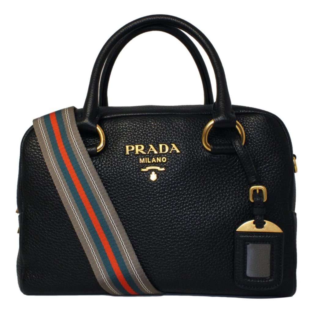 Prada Prada Vitello Phenix Black Leather Web Stripe Crossbody Satchel Bag Black Leather Never worn, with tag - Front View