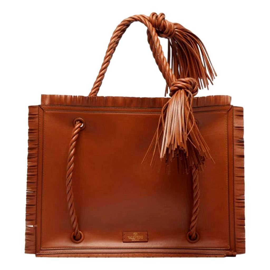 Valentino Garavani Valentino Garavani The Rope Large Fringe Brown Leather Tote Bag Brown Leather Never worn, with tag - Front View