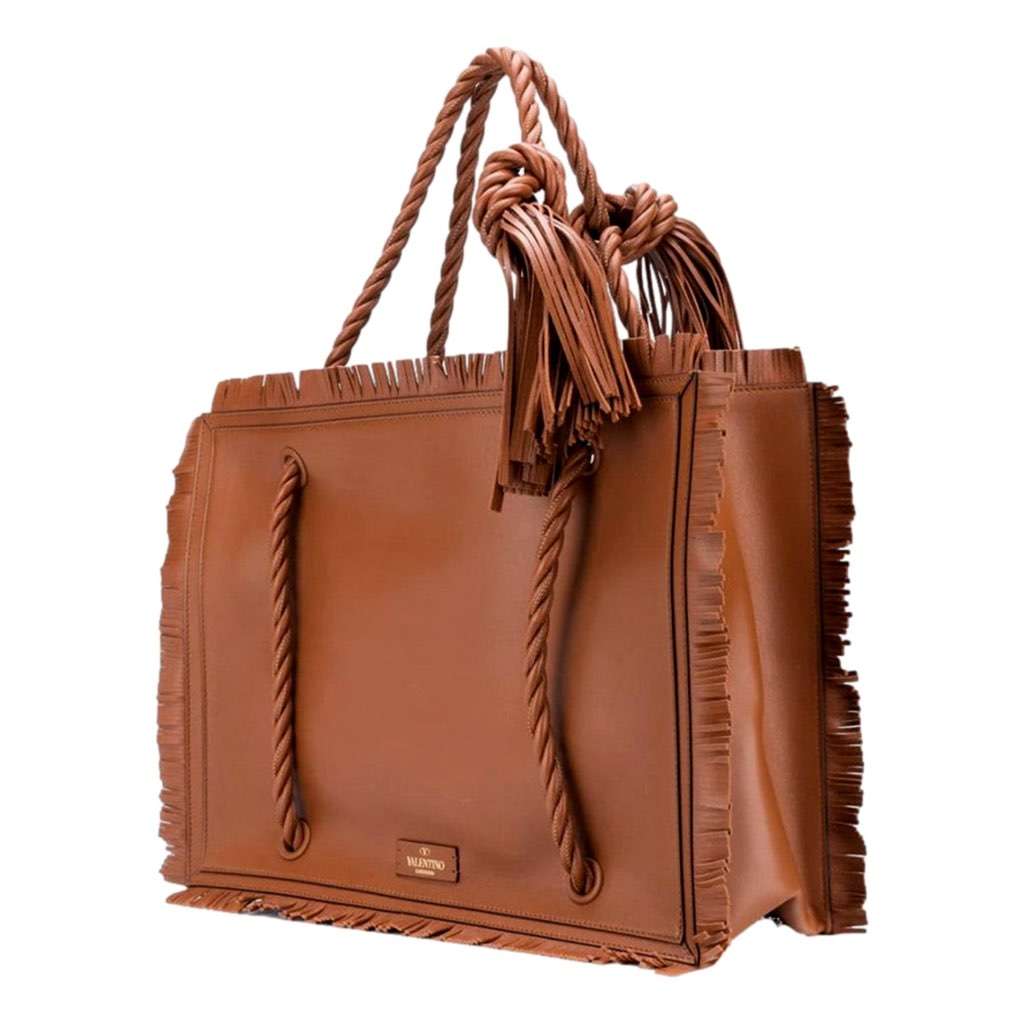 Valentino Garavani Valentino Garavani The Rope Large Fringe Brown Leather Tote Bag Brown Leather Never worn, with tag - Model View