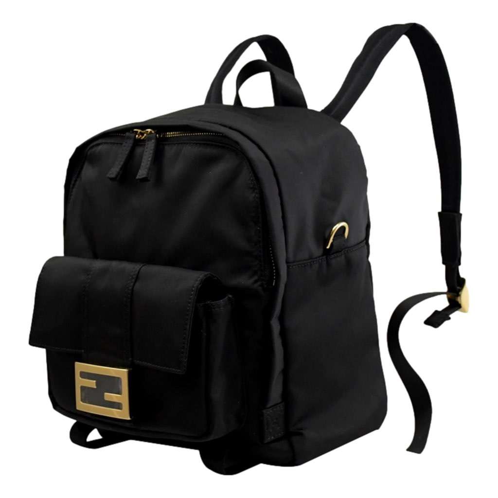 Fendi Fendi Baguette Black Nylon Gold Logo Small Travel Backpack Bag Black Never worn, with tag - Back View