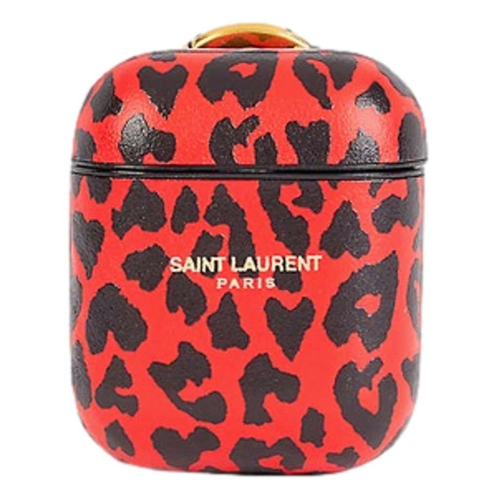 Saint Laurent Saint Laurent Leopard Print Black and Red Leather Airpods Case Red Never worn, with tag - Front View