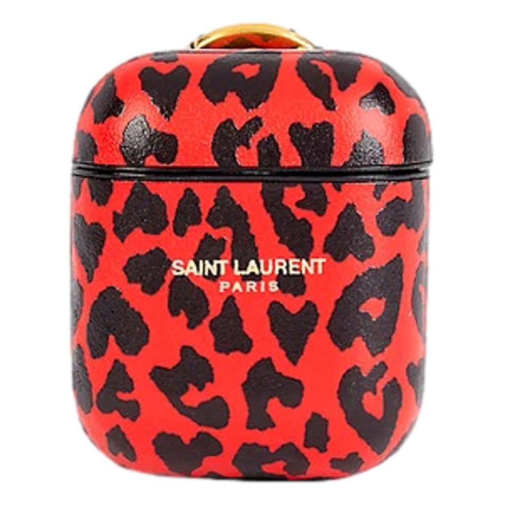 Saint Laurent Saint Laurent Leopard Print Black and Red Leather Airpods Case Red Never worn, with tag - Back View
