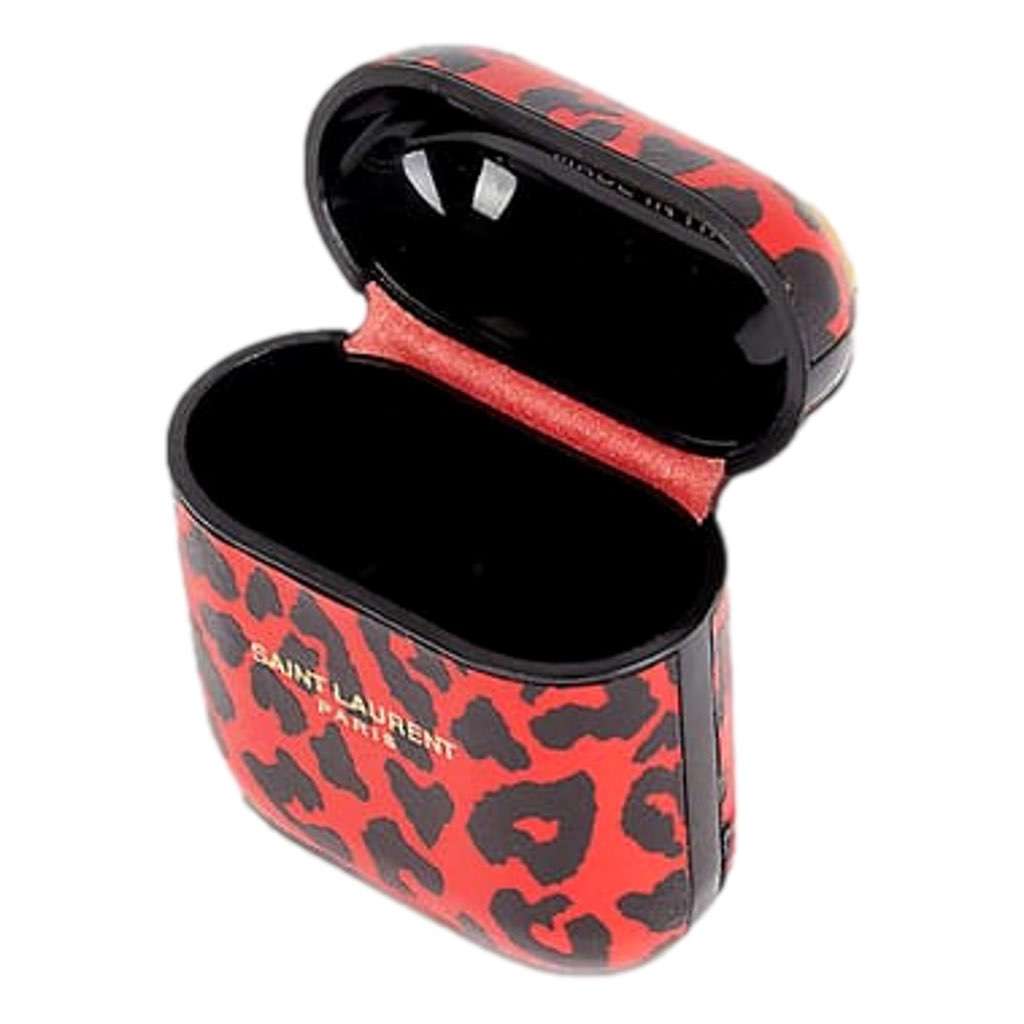 Saint Laurent Saint Laurent Leopard Print Black and Red Leather Airpods Case Red Never worn, with tag - Model View