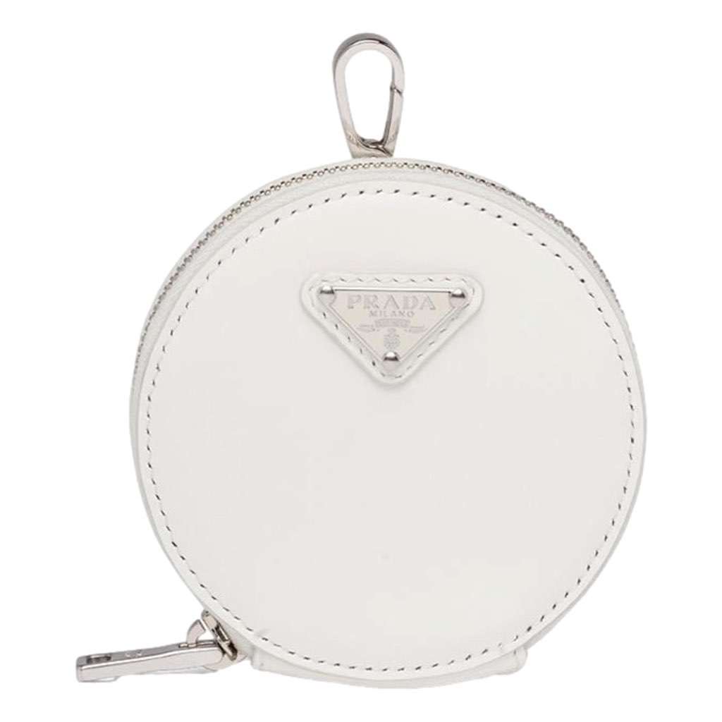 Prada Prada Triangle Plaque Smooth White Leather Round Mini Pouch Keychain White Leather Never worn, with tag - Front View