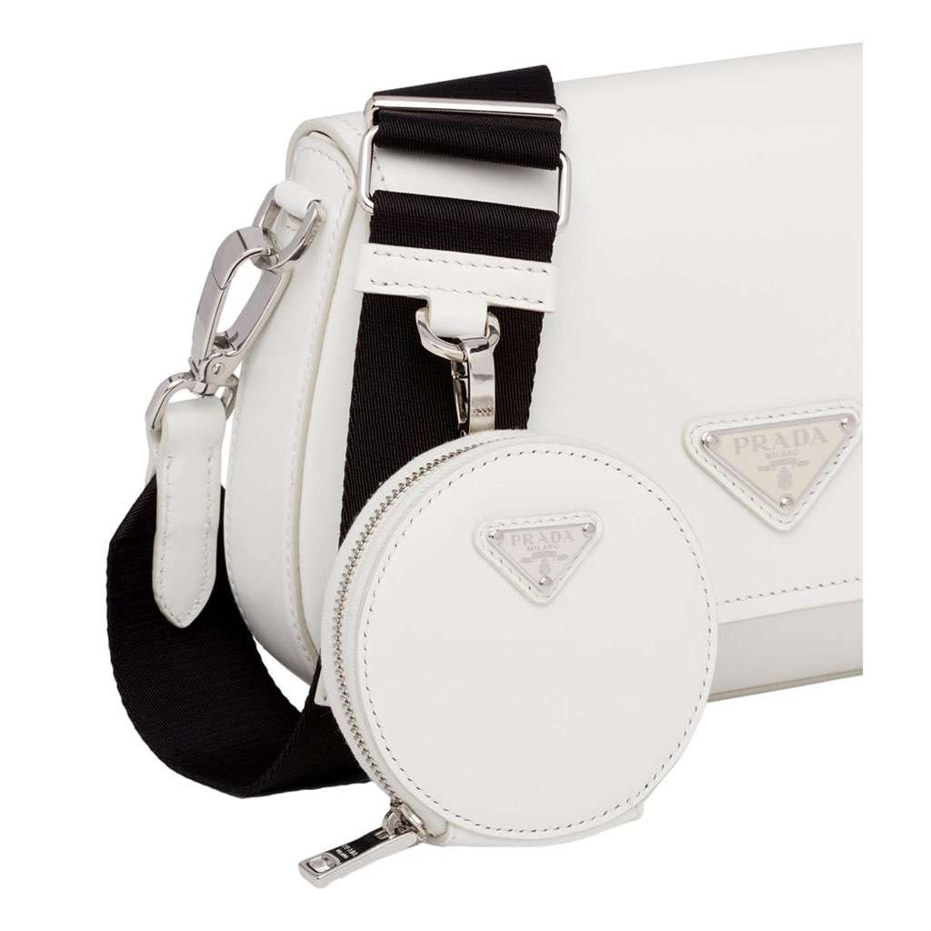 Prada Prada Triangle Plaque Smooth White Leather Round Mini Pouch Keychain White Leather Never worn, with tag - Model View