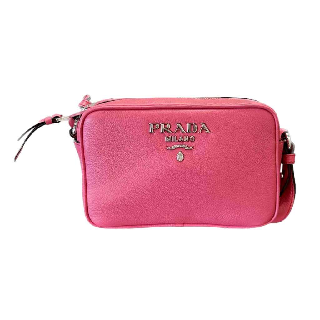 Prada Prada Vitello Phenix Pink Leather Silver Logo Small Camera Crossbody Bag Pink Leather Never worn, with tag - Front View