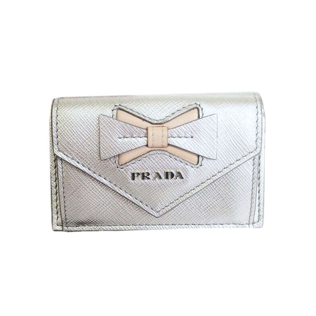 Prada Prada Ribbon Saffiano Metallic Silver and Beige Leather Trifold Wallet Silver Leather Never worn, with tag - Front View