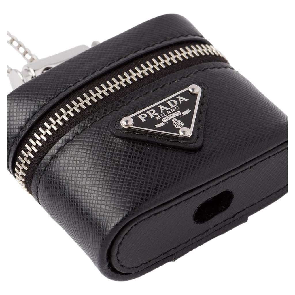 Prada Prada Triangle Saffiano Black Leather Mini Airpods Case with Chain Black Never worn, with tag - Back View