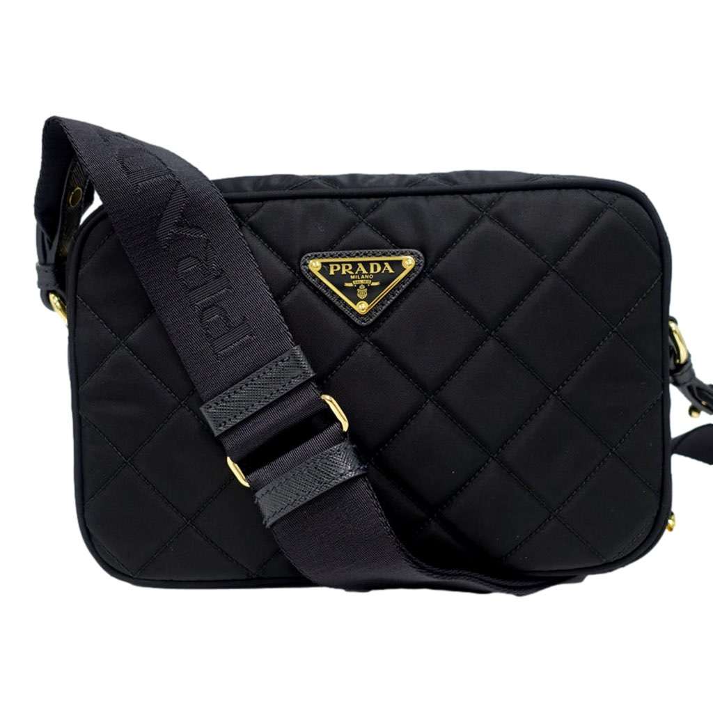 Prada Prada Tessuto Black Quilted Nylon Triangle Logo Camera Crossbody Bag Black Never worn, with tag - Front View