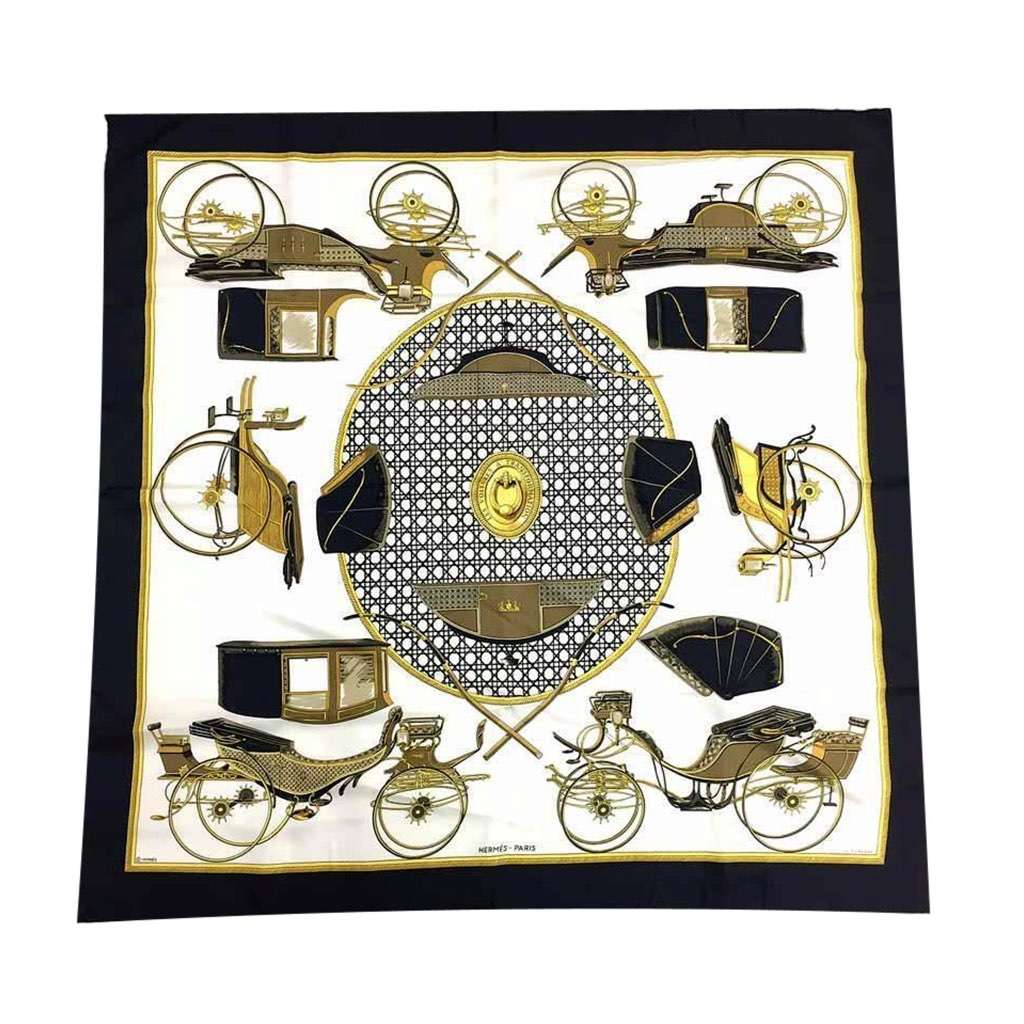 Hermès Hermes Les Voitures A Transformation Black and Gold Carriages Silk Scarf Black Very good condition - Front View
