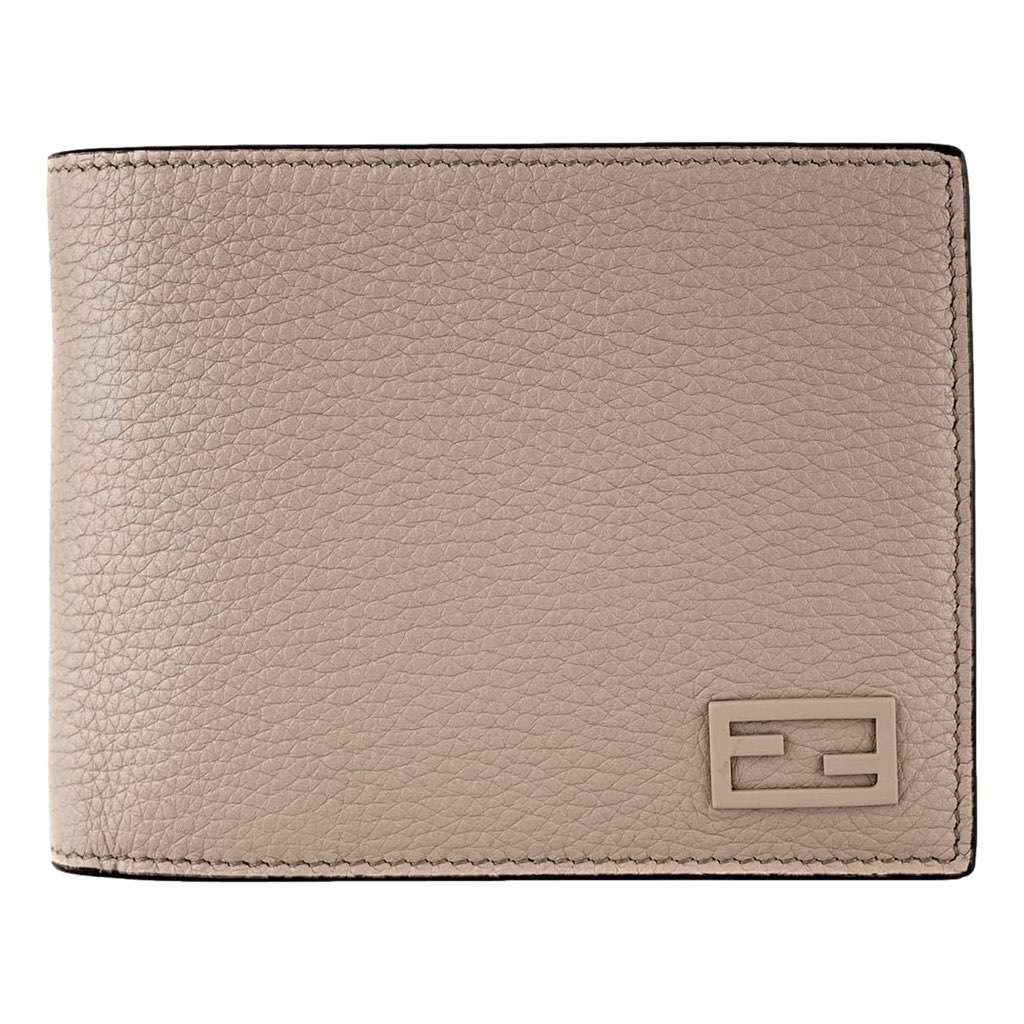 Fendi Fendi FF Logo Plaque Light Gray and Blue Pebbled Calf Leather Bifold Wallet Camel Leather Never worn, with tag - Front View