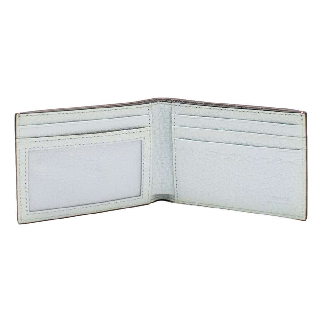 Fendi Fendi FF Logo Plaque Light Gray and Blue Pebbled Calf Leather Bifold Wallet Camel Leather Never worn, with tag - Model View