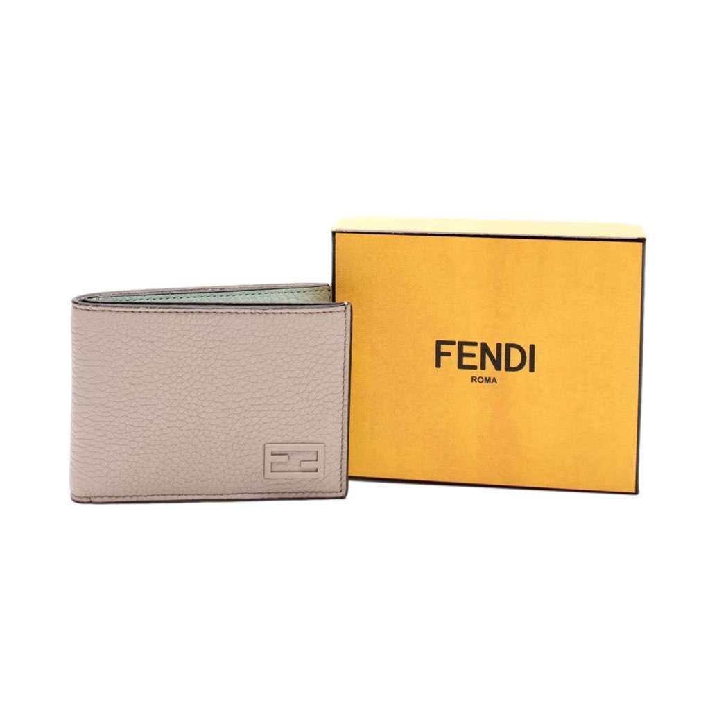 Fendi Fendi FF Logo Plaque Light Gray and Blue Pebbled Calf Leather Bifold Wallet Camel Leather Never worn, with tag - Box View