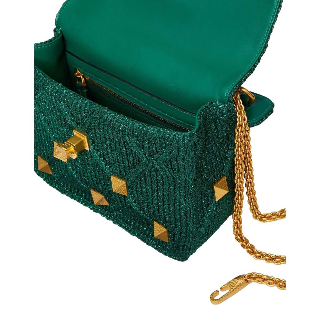 Valentino Garavani Valentino Garavani Roman Stud Medium Shoulder Bag Metallic Green Lurex Green Canvas Never worn, with tag - Box View