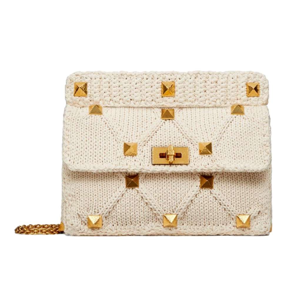 Valentino Garavani Valentino Garavani Roman Stud Large Shoulder Bag Ivory Knit Cashmere White Canvas Never worn, with tag - Front View