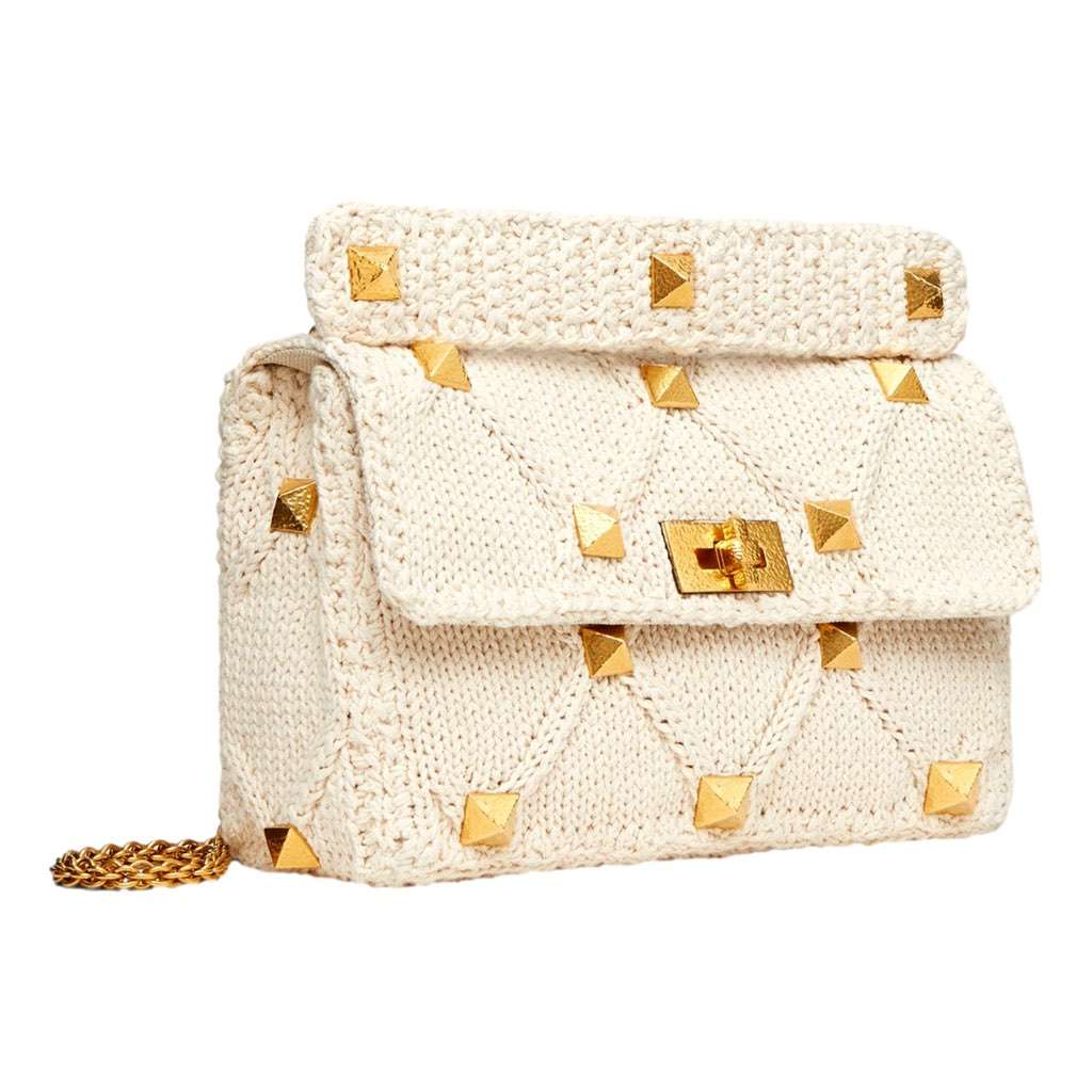 Valentino Garavani Valentino Garavani Roman Stud Large Shoulder Bag Ivory Knit Cashmere White Canvas Never worn, with tag - Back View