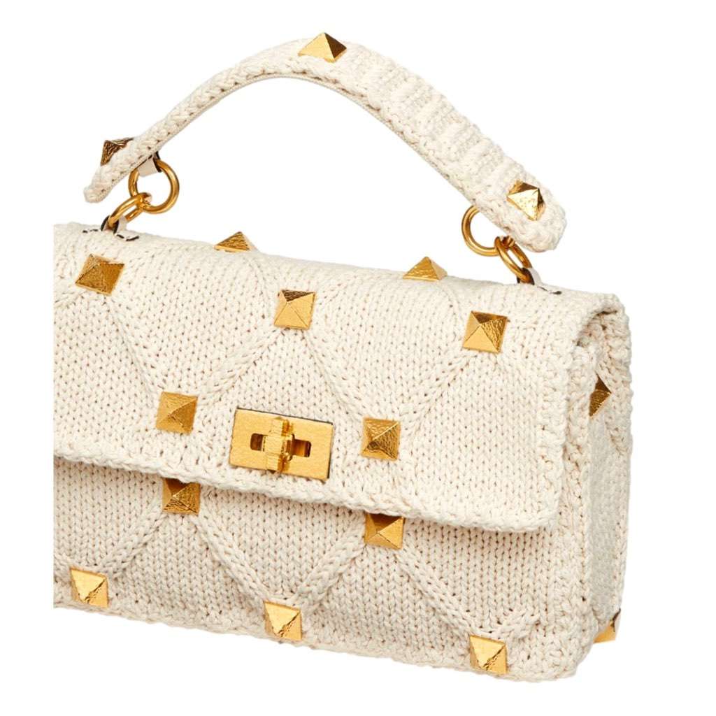Valentino Garavani Valentino Garavani Roman Stud Large Shoulder Bag Ivory Knit Cashmere White Canvas Never worn, with tag - Model View
