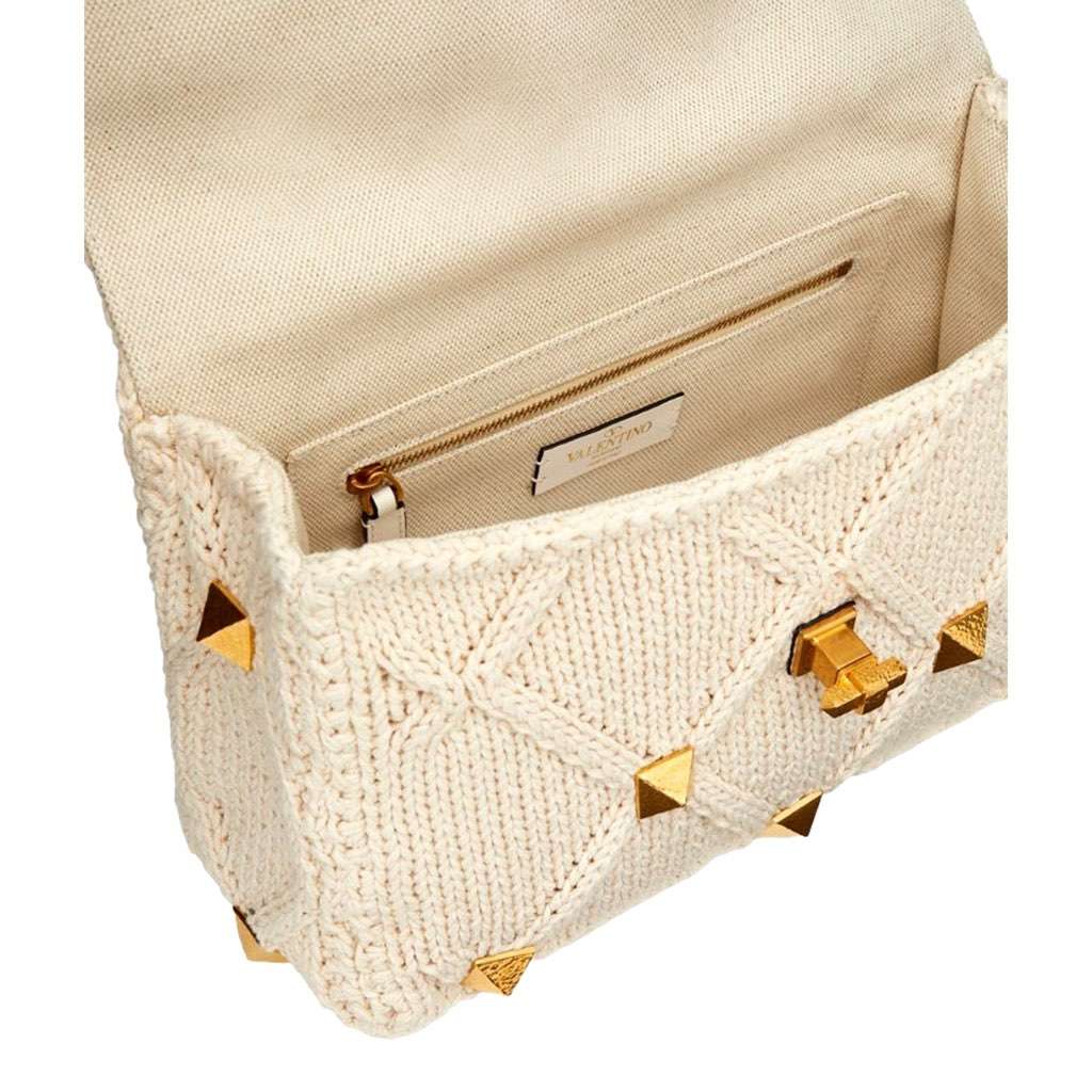 Valentino Garavani Valentino Garavani Roman Stud Large Shoulder Bag Ivory Knit Cashmere White Canvas Never worn, with tag - Box View
