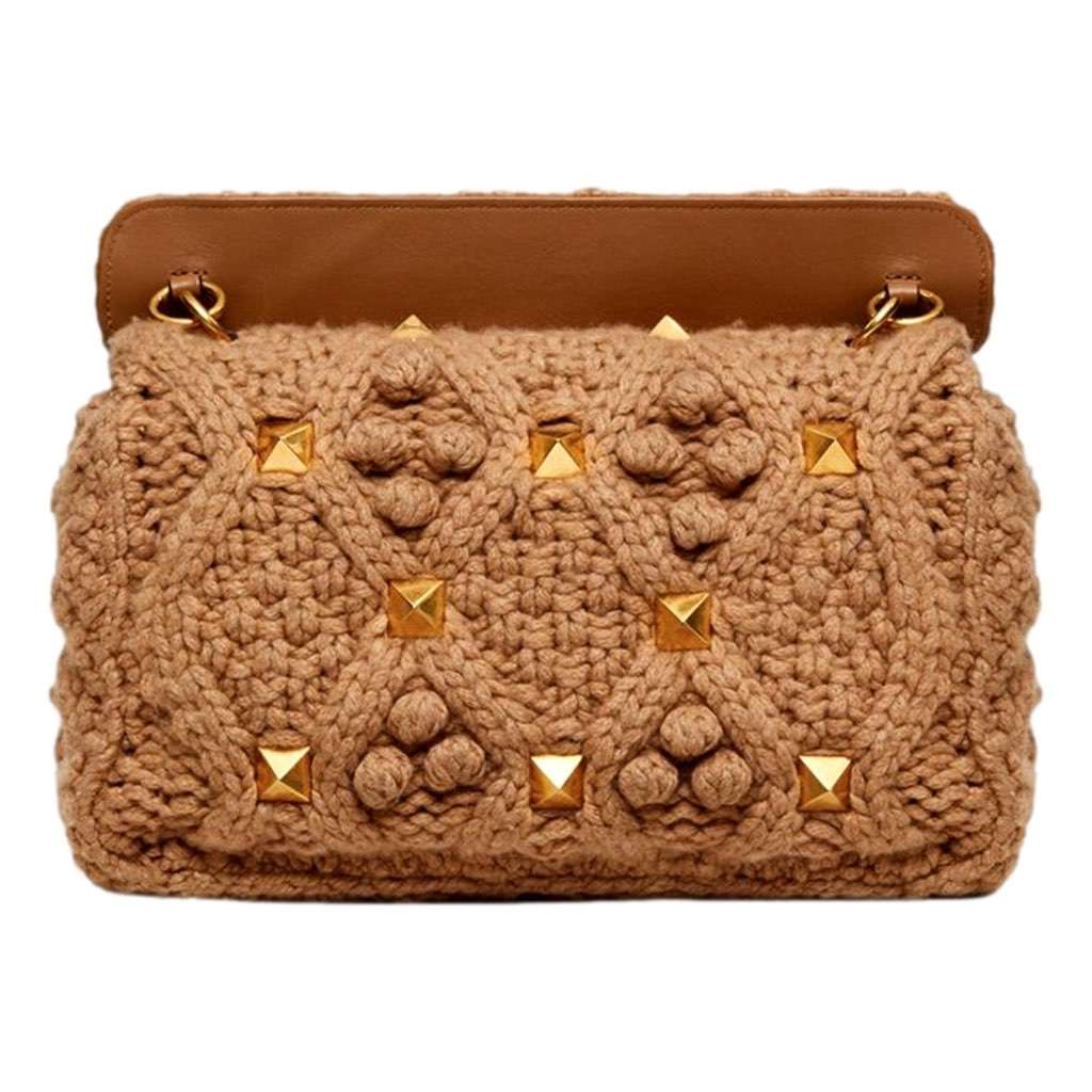 Valentino Garavani Valentino Garavani Roman Stud Large Shoulder Bag Brown Knit Cashmere Brown Canvas Never worn, with tag - Inside View