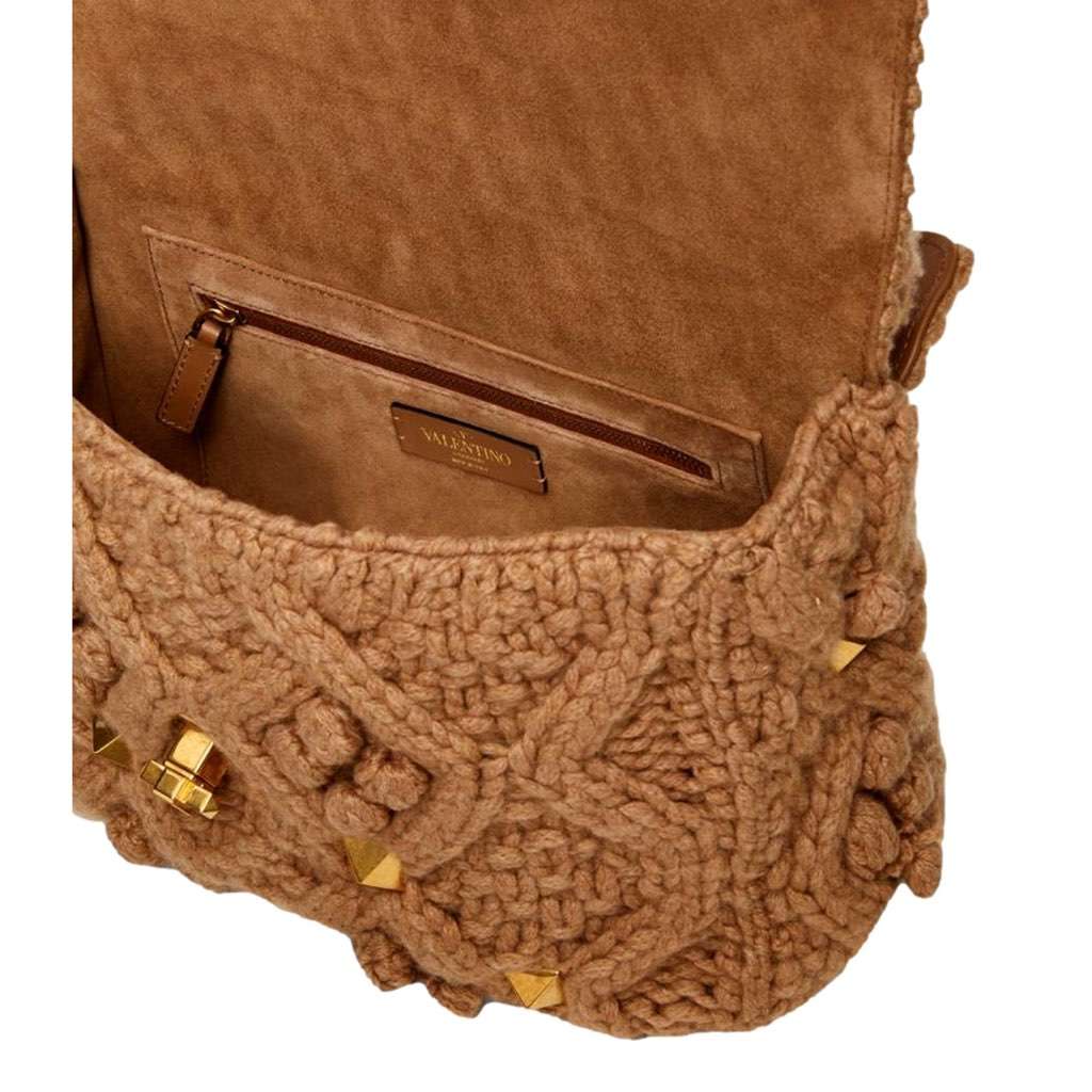 Valentino Garavani Valentino Garavani Roman Stud Large Shoulder Bag Brown Knit Cashmere Brown Canvas Never worn, with tag - Model View