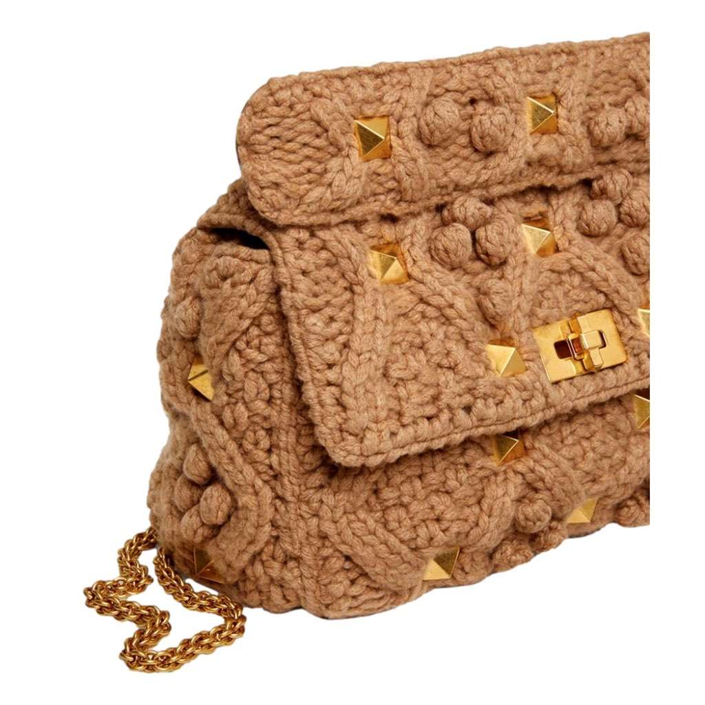 Valentino Garavani Valentino Garavani Roman Stud Large Shoulder Bag Brown Knit Cashmere Brown Canvas Never worn, with tag - Box View