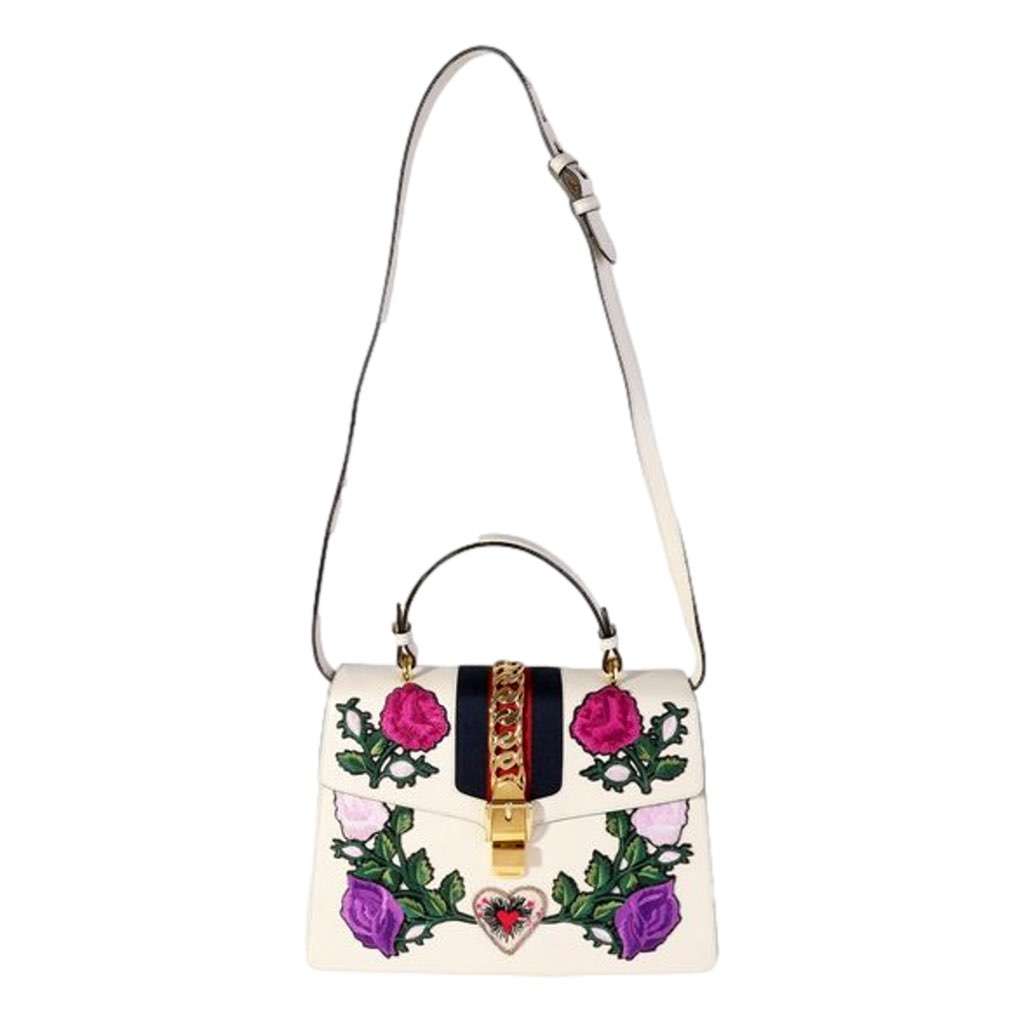 Gucci Gucci Sylvie Embroidered Off White Medium Top Handle Bag White Leather Good condition - Model View