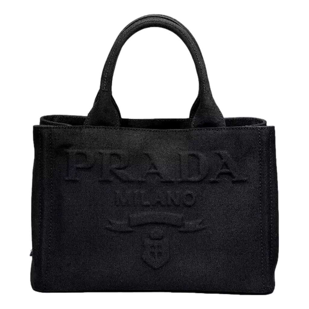 Prada Prada Canapa Tote Handbag Canvas Embossed Lettering Logo Fabric Black Black Never worn, with tag - Front View