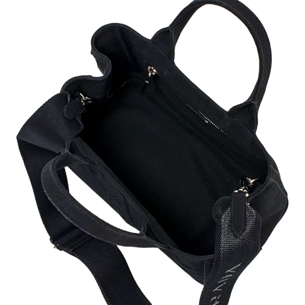 Prada Prada Canapa Tote Handbag Canvas Embossed Lettering Logo Fabric Black Black Never worn, with tag - Model View