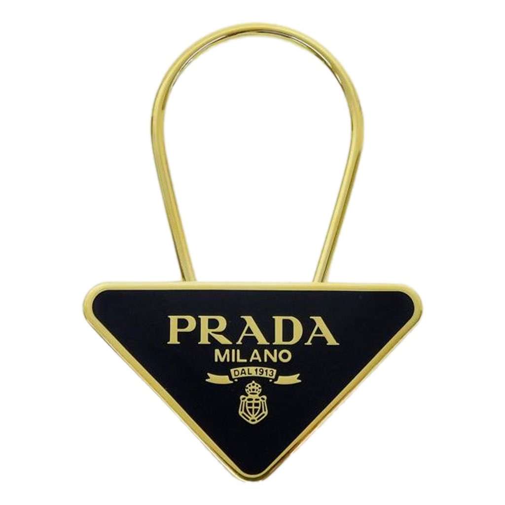Prada Prada Enameled Metal Logo Pin Key Ring Black and Gold Purse Charm Black Never worn, with tag - Front View