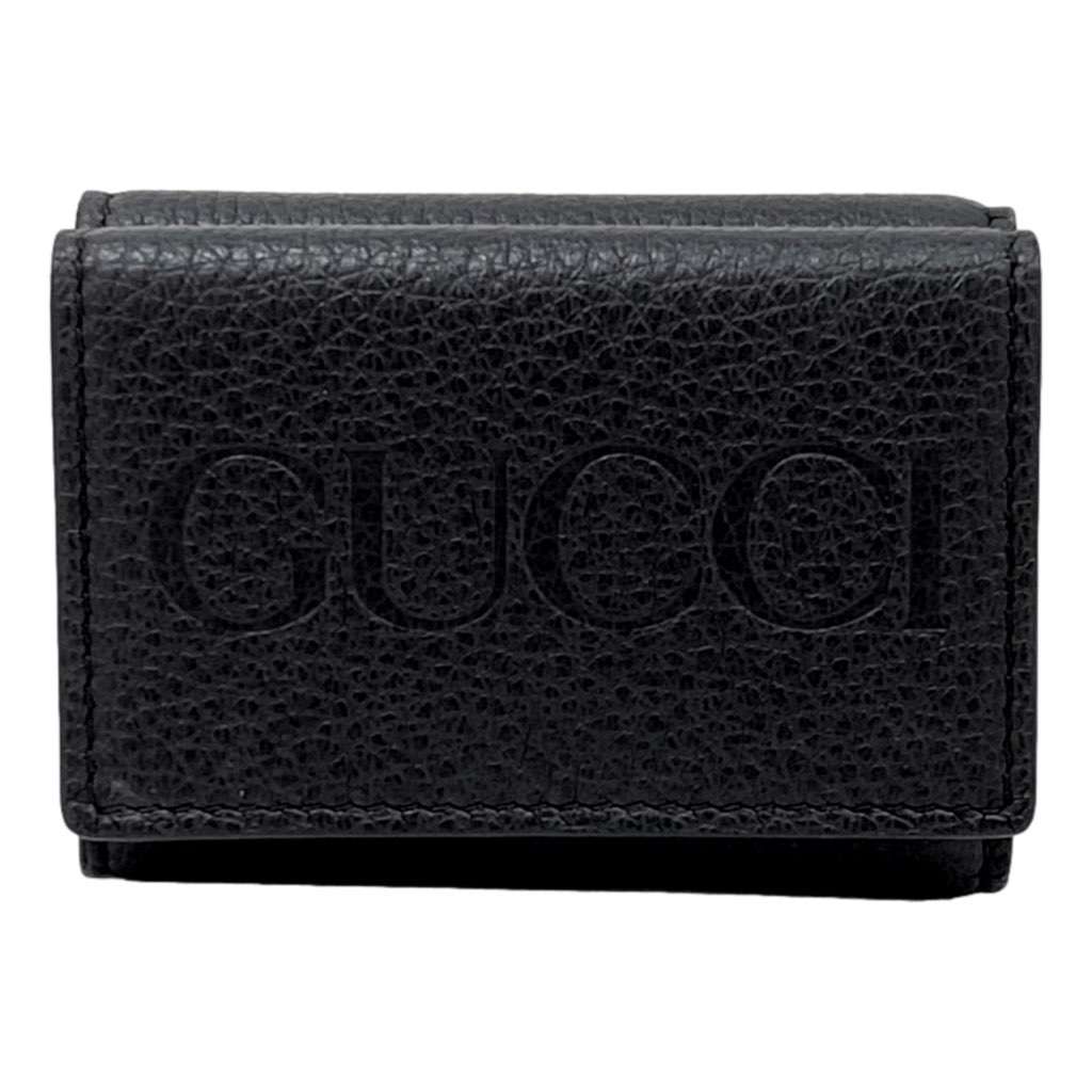 Gucci Gucci Embossed Logo Mini Tri-Fold Wallet Black Pebbled Leather Black Leather Never worn, with tag - Front View