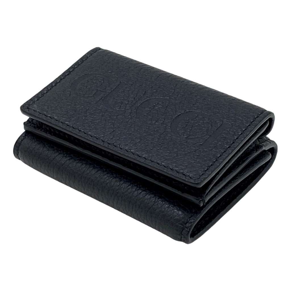 Gucci Gucci Embossed Logo Mini Tri-Fold Wallet Black Pebbled Leather Black Leather Never worn, with tag - Model View