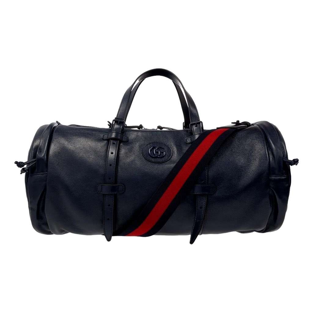 Gucci Gucci GG Logo Deep Blue Buffalo Leather Duffle Tote with Strap Blue Leather Never worn - Front View