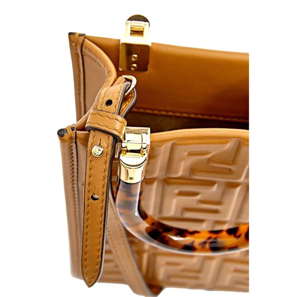 Fendi Fendi FF Zucca Leather Mini Sunshine Shopper Tote Crossbody Bag Caramello Brown Brown Leather Never worn, with tag - Inside View